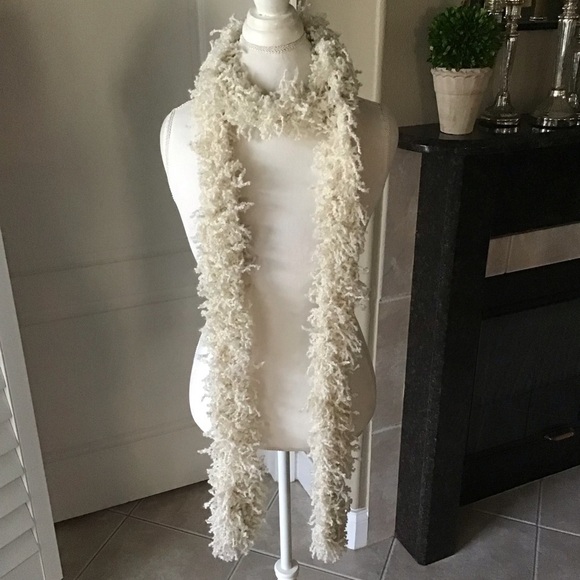 Eyelash Yarn Ivory Scarf Boa LONG 4x90” Maxi Boho Hippie Fringe Rockstar Style - Picture 5 of 14